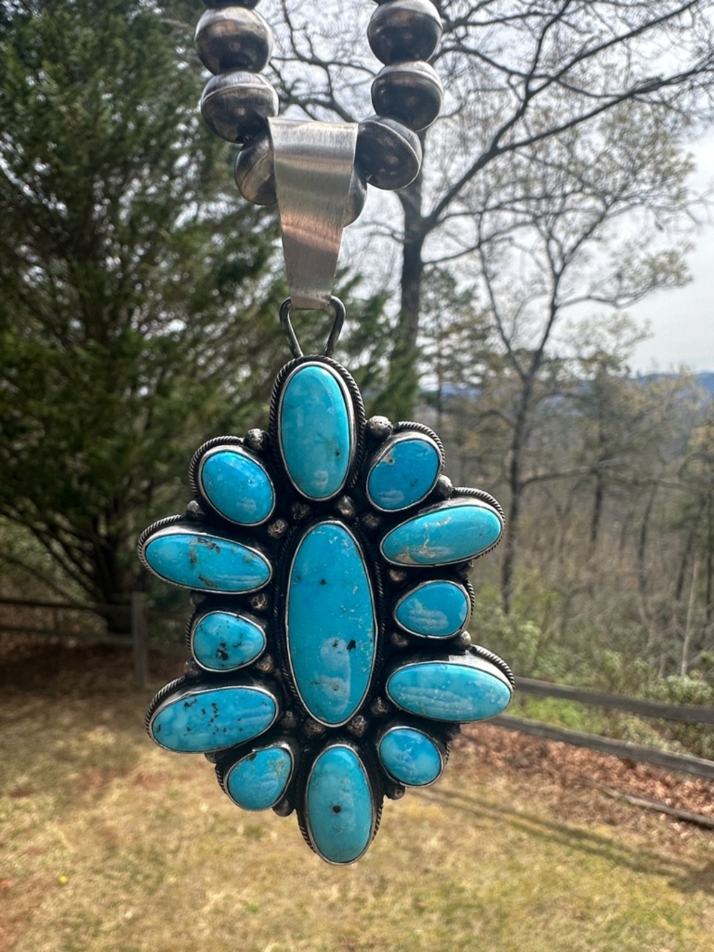 Navajo Sheila Becenti Kingman Turquoise & Sterling Silver Pendant - Picture 5 of 6